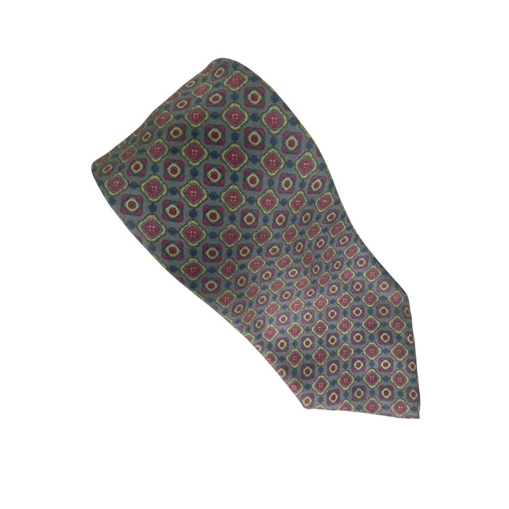 Lanvin Mens‎ Silk Tie Grey Burgundy Geometric Medallion Italy Luxury 59x3.5